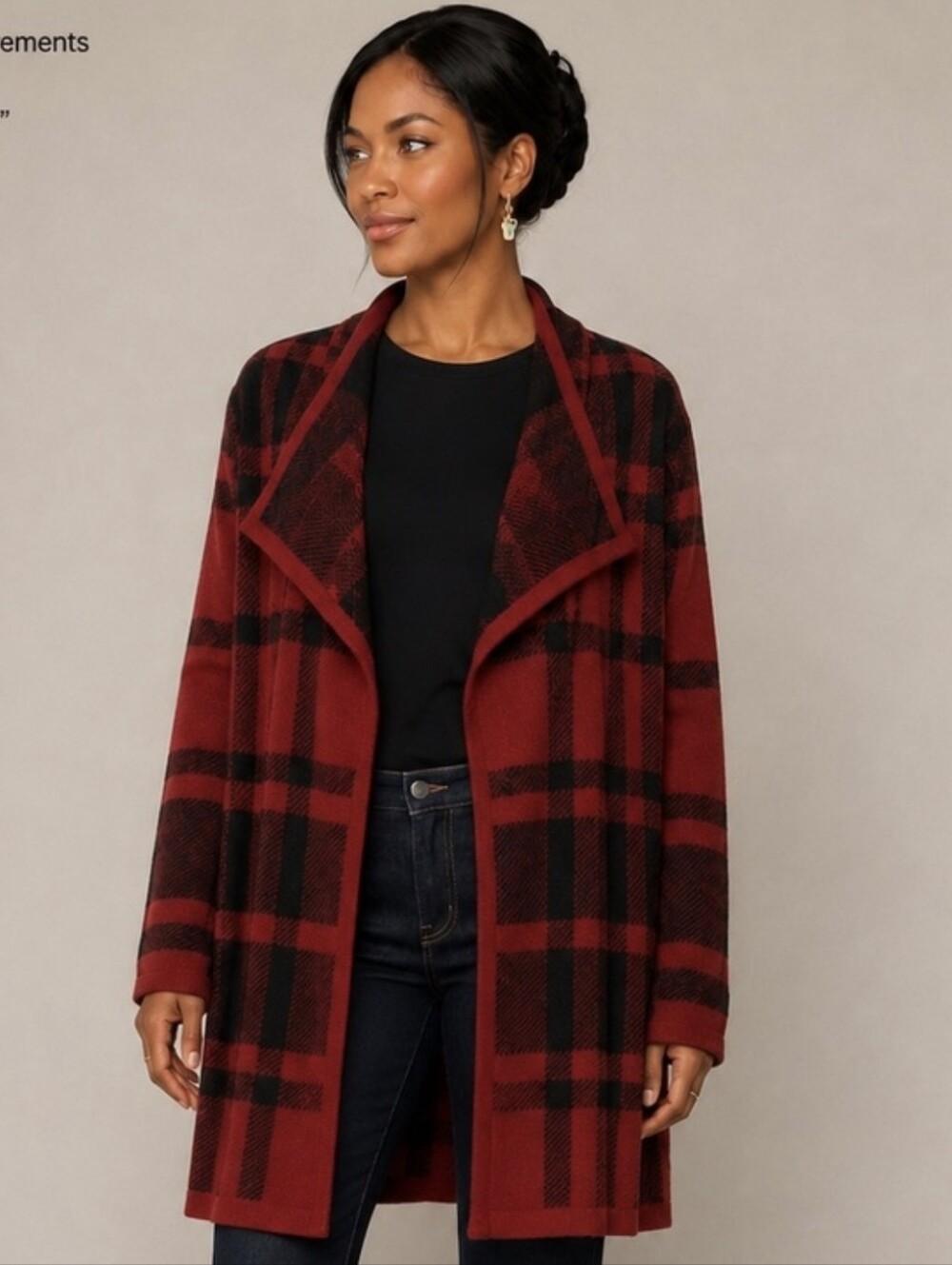 Soft Surroundings Red Plaid Wool&Alpaca Drape Front Cardigan Sz.L